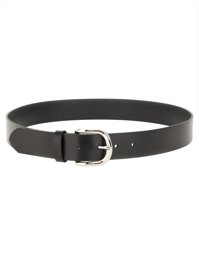 Isabel Marant Smooth Black Leather Belt With Round Silver Buckle