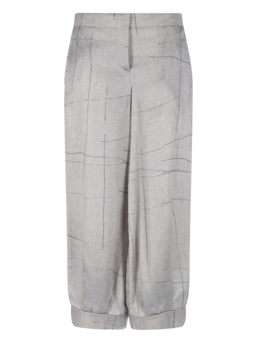 Giorgio Armani Wide-Leg Grey Silk Pants With Irregular Stripe Print