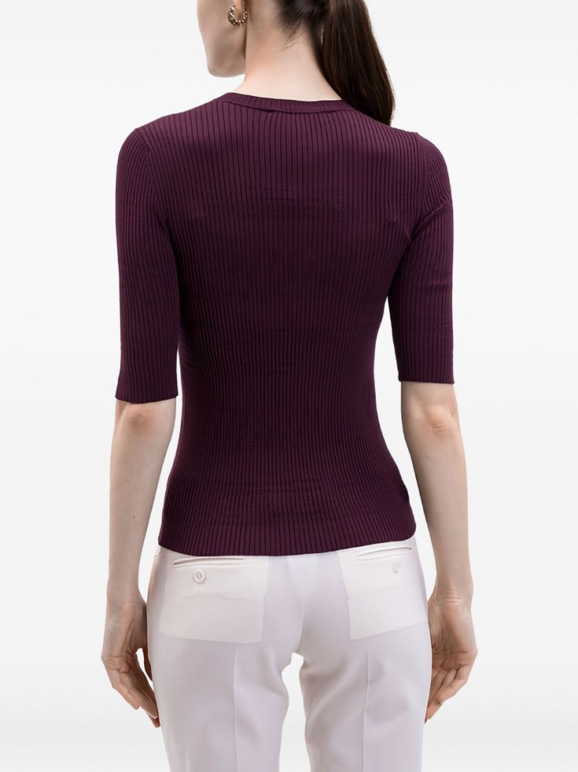 Twin-Set Ribbed Bordeaux Sweater With Elbow-Length Sleeves