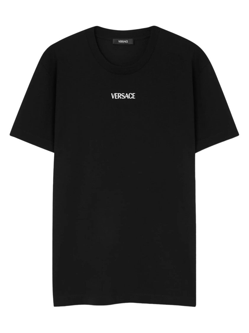 Versace Black Minimalist Embroidered Logo Cotton T-Shirt