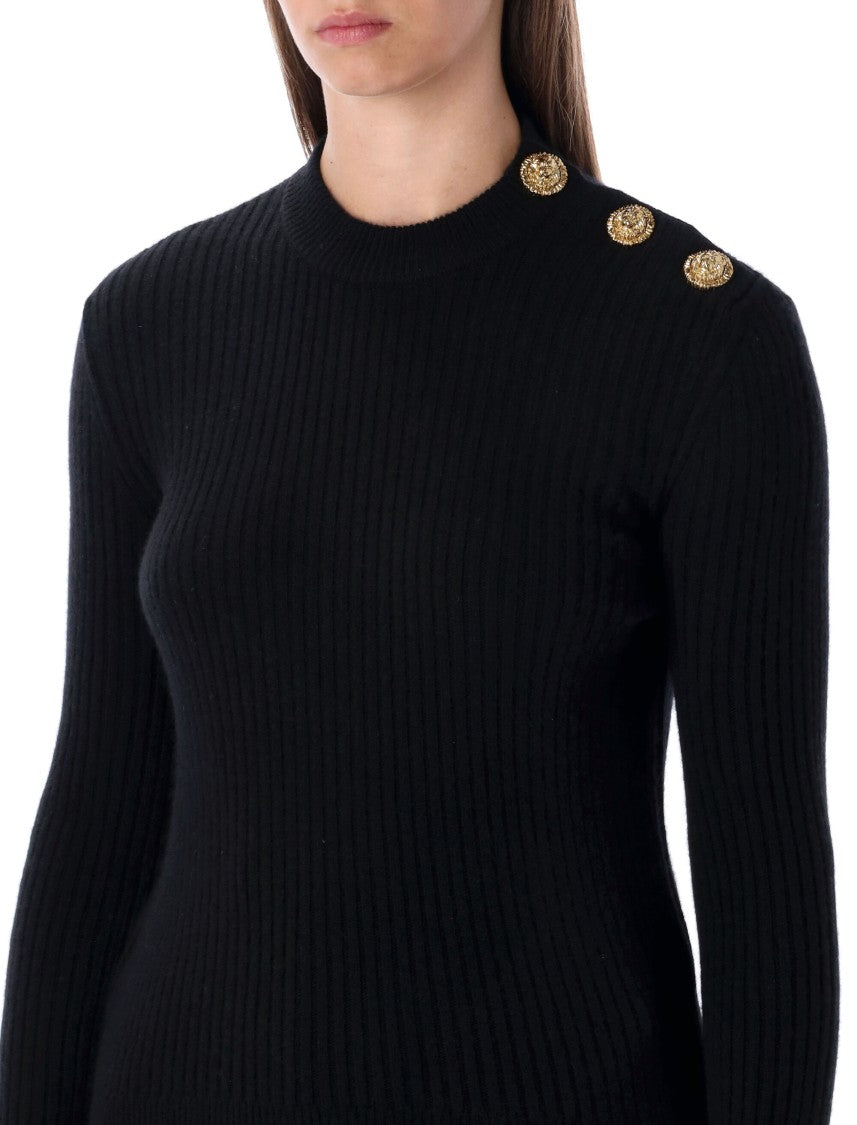 Balmain Black Ribbed Wool Sweater With Gold Buttons