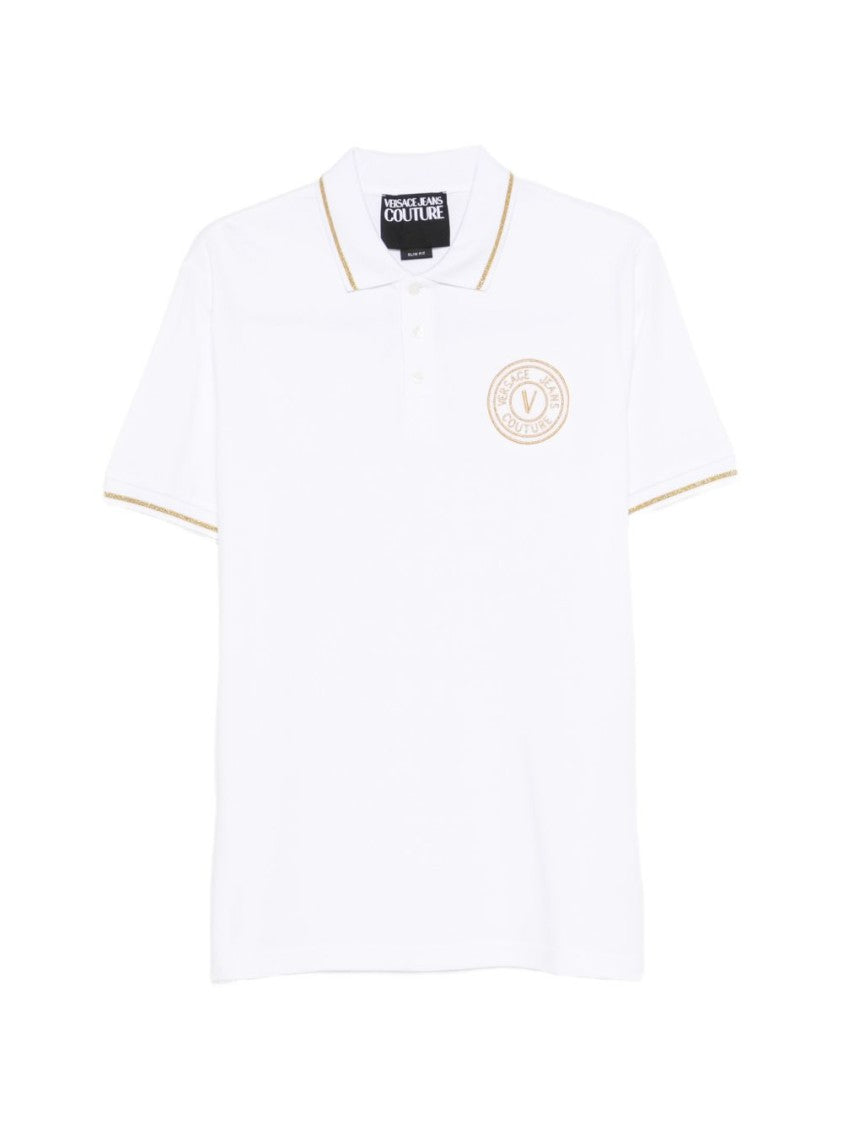 Versace Jeans Couture White Cotton Beige Embellished Polo Shirt