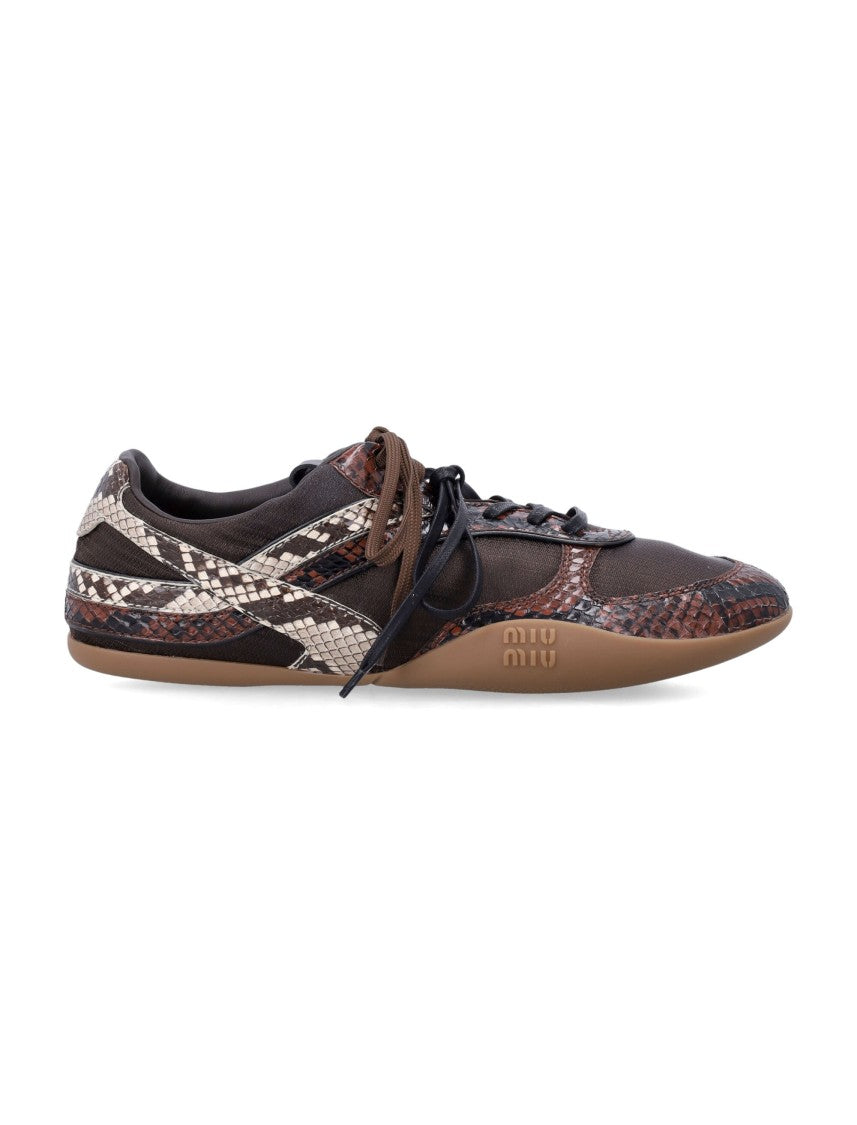 Miu Miu Gymnasium Sneakers In Technical Fabric And Python-Print Ayers Leather