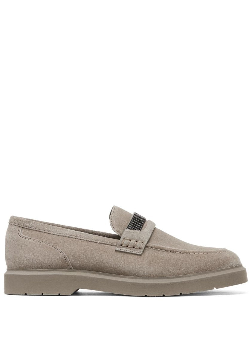 Brunello Cucinelli Beige Suede Moccasin With Crystal Embellishment