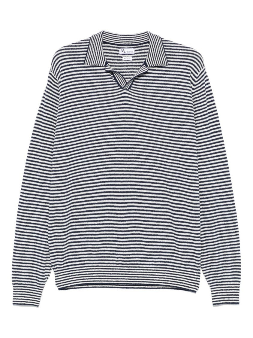 Doppiaa Indigo Blue Striped Long Sleeve Polo With Ribbed Cuffs And Collar