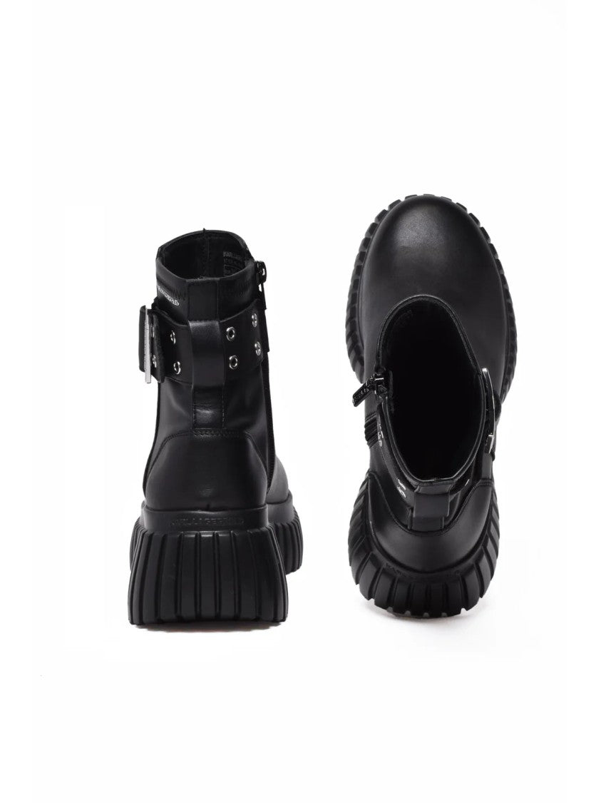 Karl Lagerfeld Black Leather Buckle Midi Boots