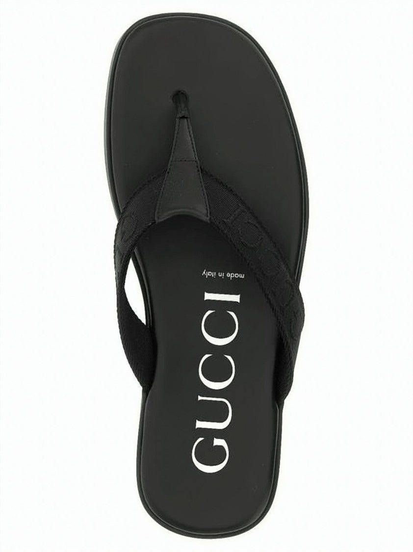 Gucci Black Canvas And Leather Thong Sandals With Rubber Sole