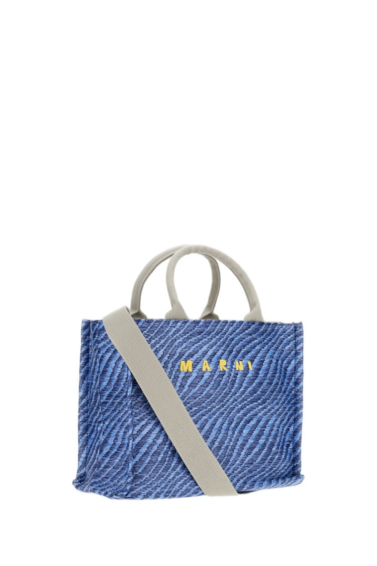 Marni Textured Blue Canvas Small Tote Bag With Contrasting Strap