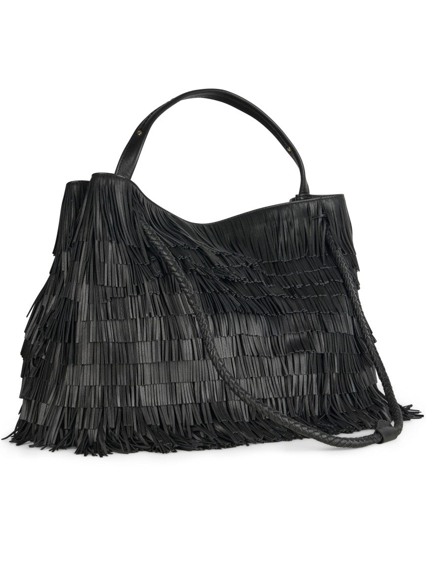 Visona` Fringe-Detail Black Handbag With Braided Strap