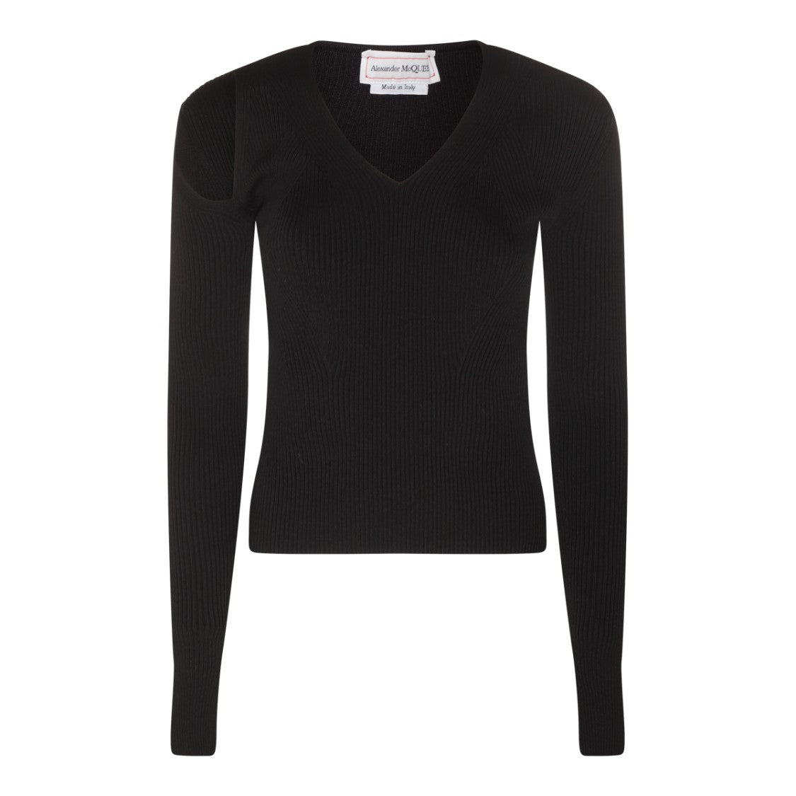 Alexander Mcqueen Black Wool Blend Jumper With Cut-Out Detail And V-Neck