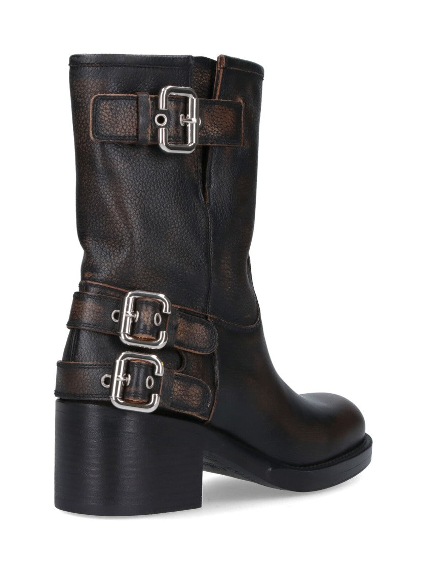 Chloé Mid-Calf Black Leather Boots With Silver-Tone Buckles