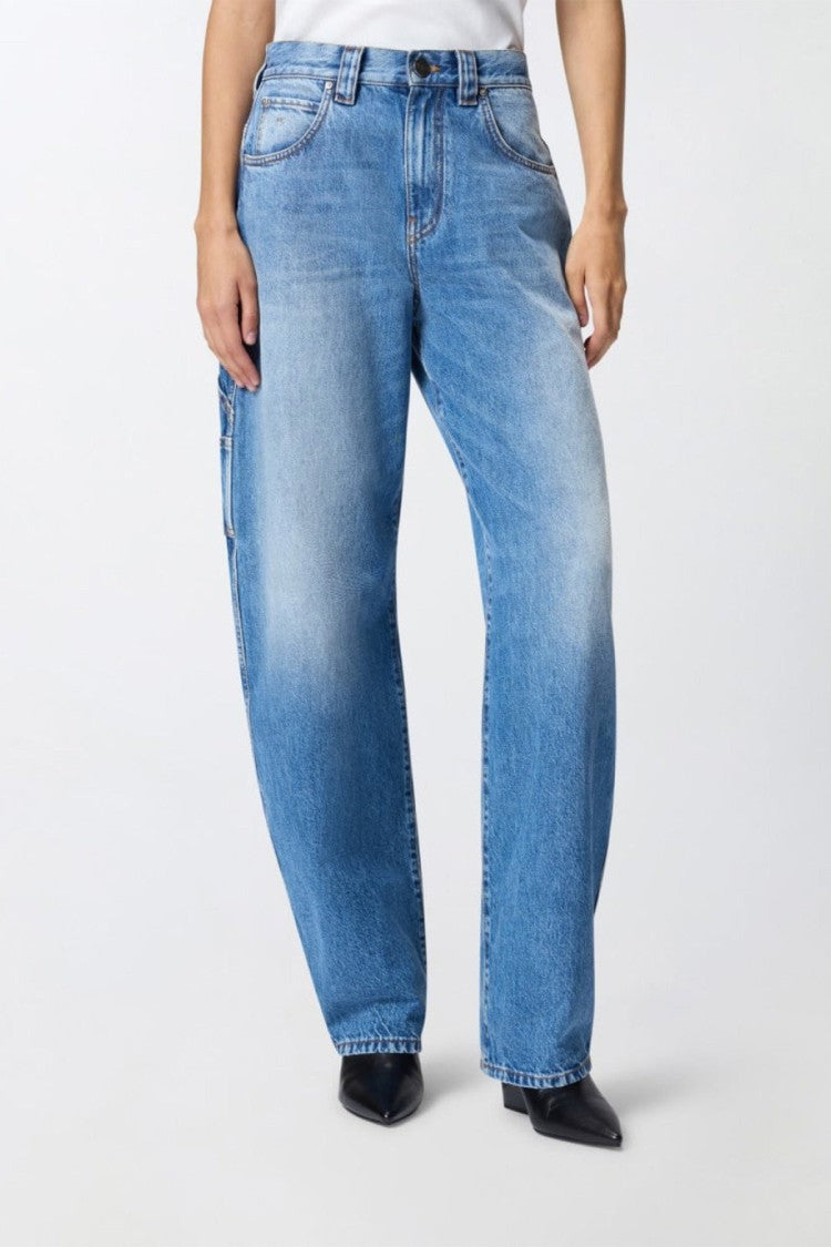 Pinko Blue Light-Wash Wide-Leg Cotton Utility Jeans
