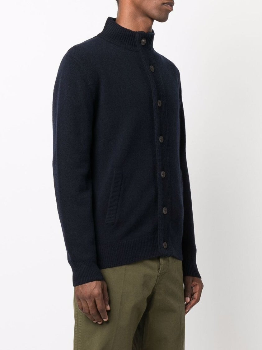 Barbour Navy Wool Zip-Through Sweater With High Neck And Elbow Patches