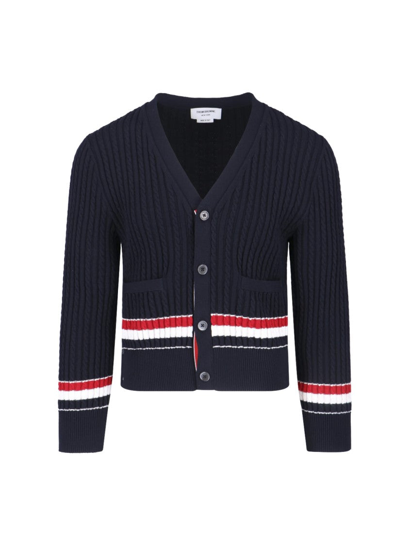 Thom Browne Navy Blue Knitted Cotton V-Neck Cardigan