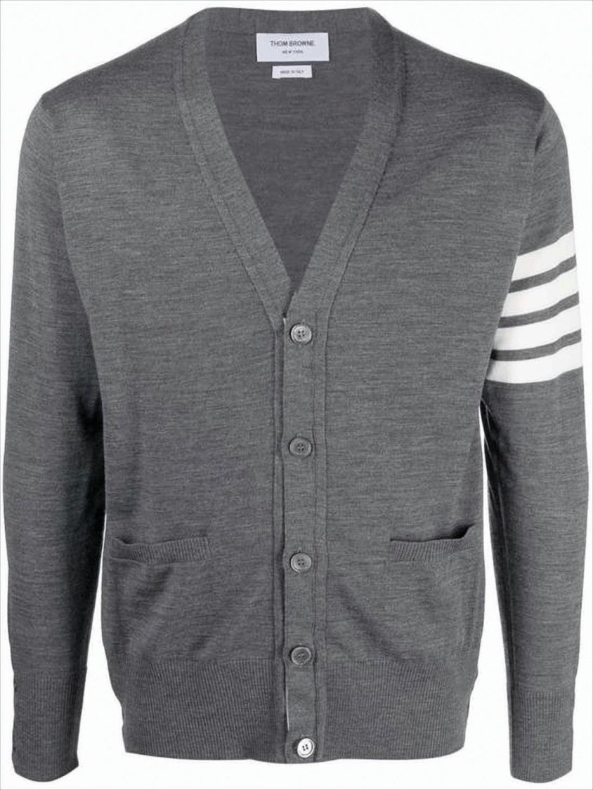 Thom Browne V-Neck Grey Wool Cardigan With Signature Striped Detail