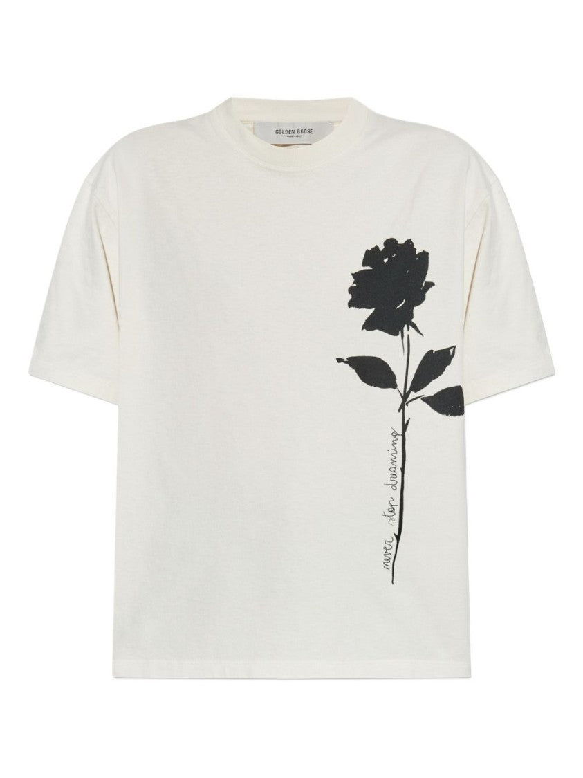 Golden Goose Oversized T-Shirt With Black Rose Graphic And Metallic Stars