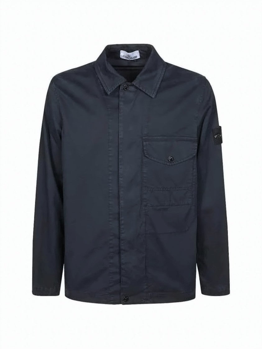 Stone Island Structured Blue Cotton Jacket With Classic Collar