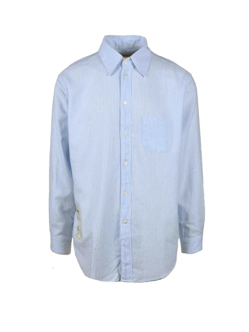 Haikure White/Light Blue Striped Cotton Regular Fit Shirt