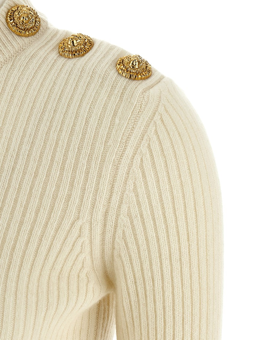 Balmain Ribbed Cashmere And Virgin Wool Sweater With Metal Lion Head Buttons