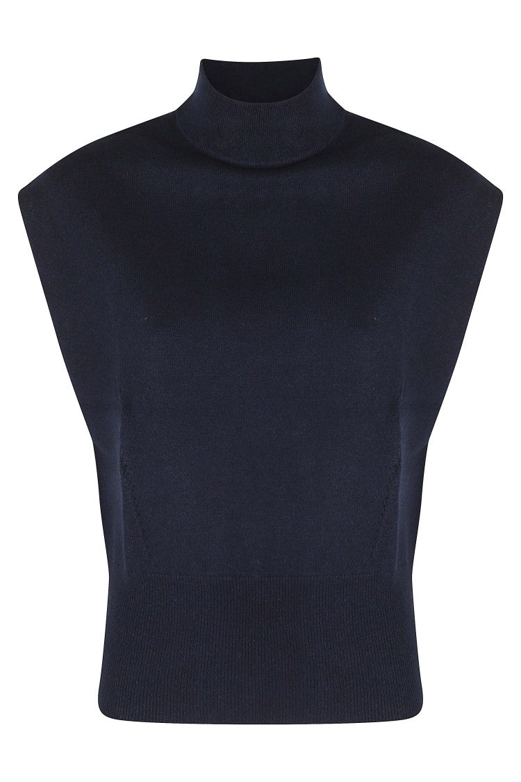 Semi Couture Structured Blue Sweater With High Neckline And Ribbed Trim
