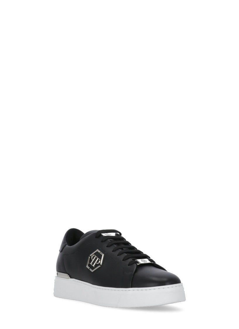 Philipp Plein Black Hexagon Metal Logo Leather Sneakers