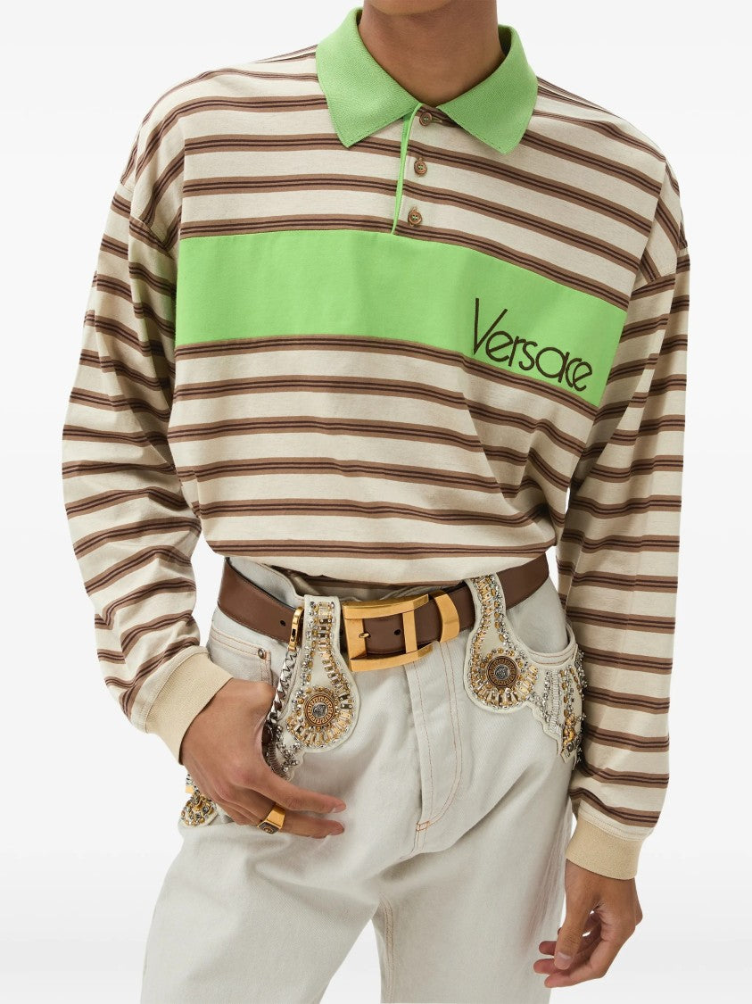 Versace Horizontal Striped Polo Shirt With Bold Green Panel