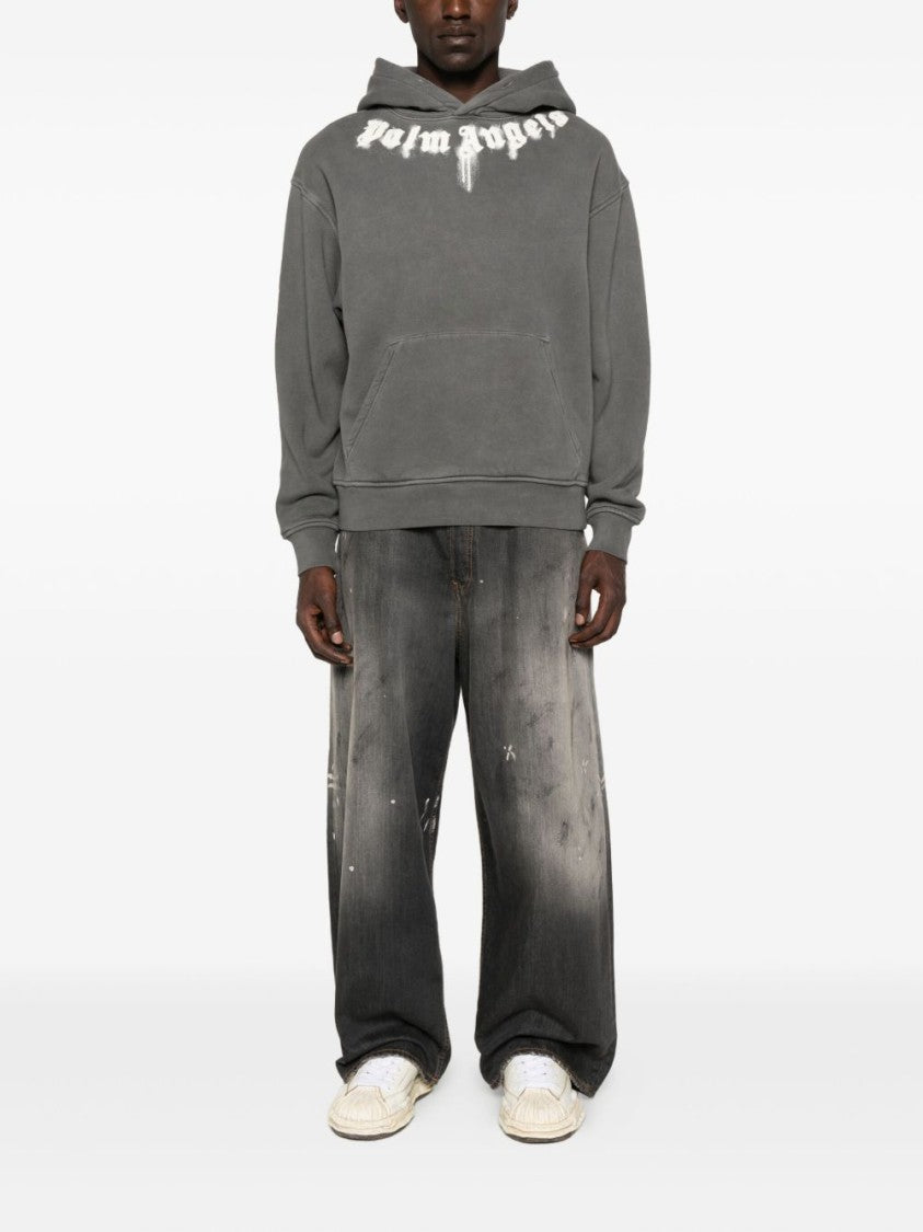 Palm Angels Hooded Grey Cotton Sweatshirt With Graphic Logo