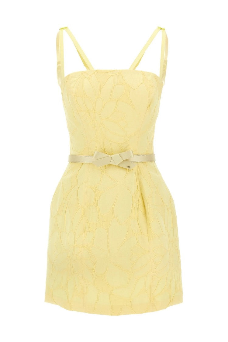 Elisabetta Franchi Yellow Floral Embossing Fitted Mini Dress