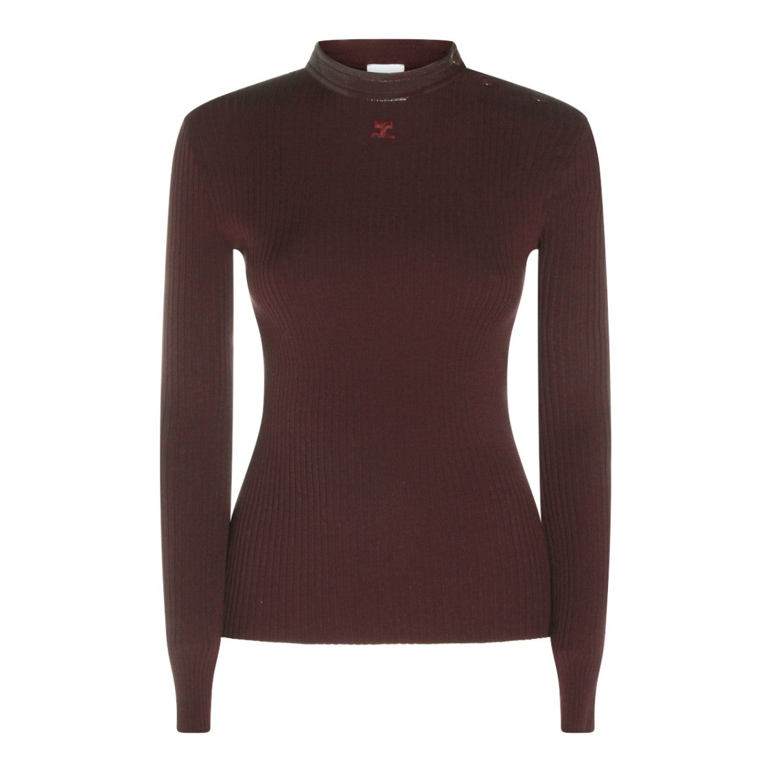 Courrèges Burgundy Fitted Knit Sweater With Ribbed Texture And Button Detail