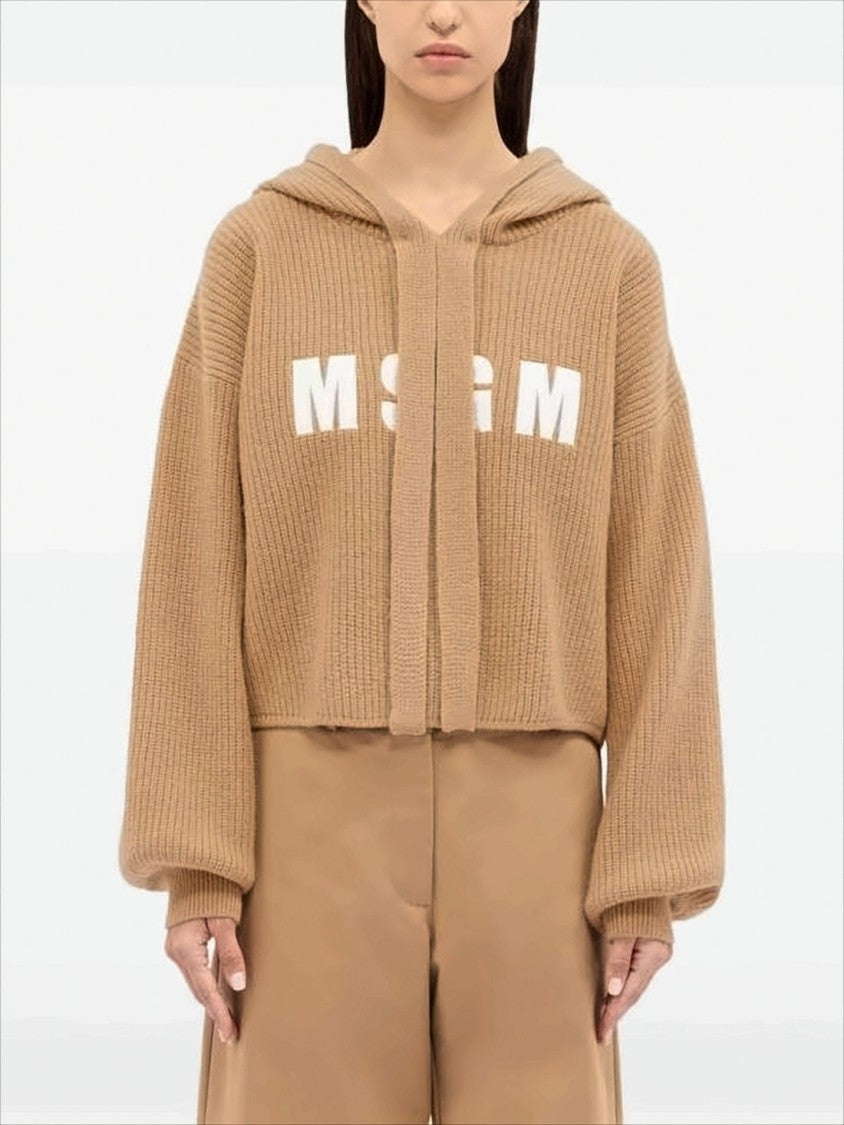 Msgm Ribbed Knit Cropped Hoodie With Graphic Lettering