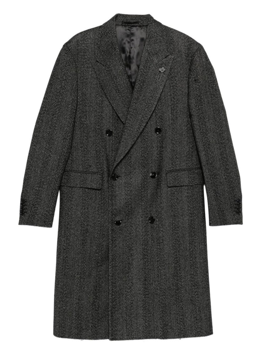 Lardini Double-Breasted Black Herringbone Coat