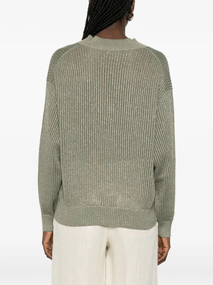 Brunello Cucinelli Green Ribbed Knit Cotton-Viscose Sweater