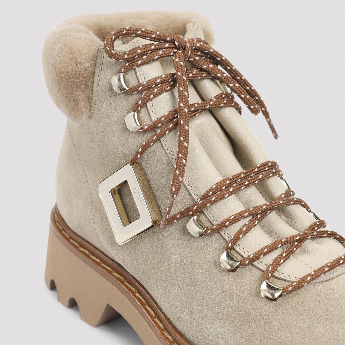 Roger Vivier Viv Rangers Track Fur Beige Suede Leather Boots