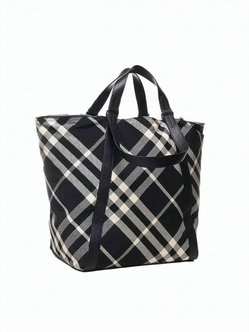 Burberry Spacious Checkered Tote Bag With Calf Leather Trim