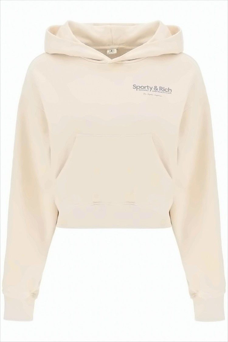Sporty And Rich Cropped Light Beige Hoodie With Subtle Logo Print