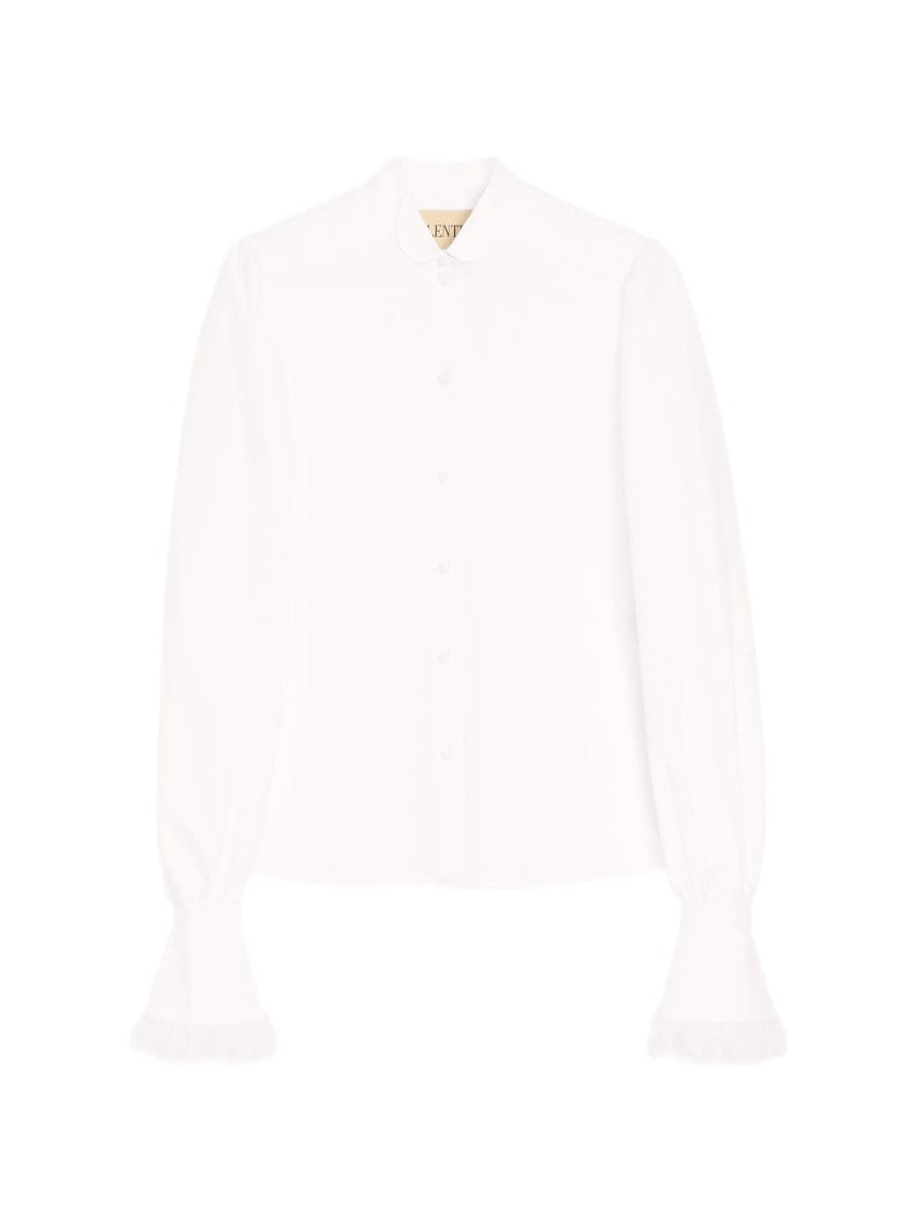 Valentino White Scalloped Embroidery Long-Sleeve Cotton Shirt