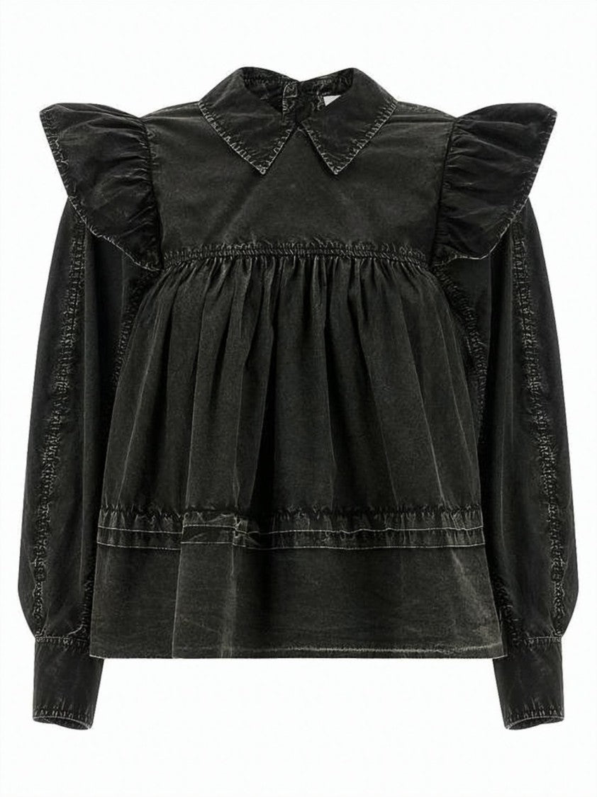 Ganni Washed Organic Cotton Blouse With Ruffled Shoulders