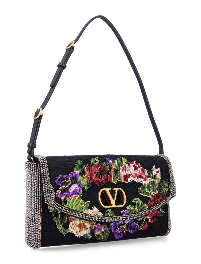Valentino Garavani Devain Floral Beaded Linen Leather Shoulder Bag