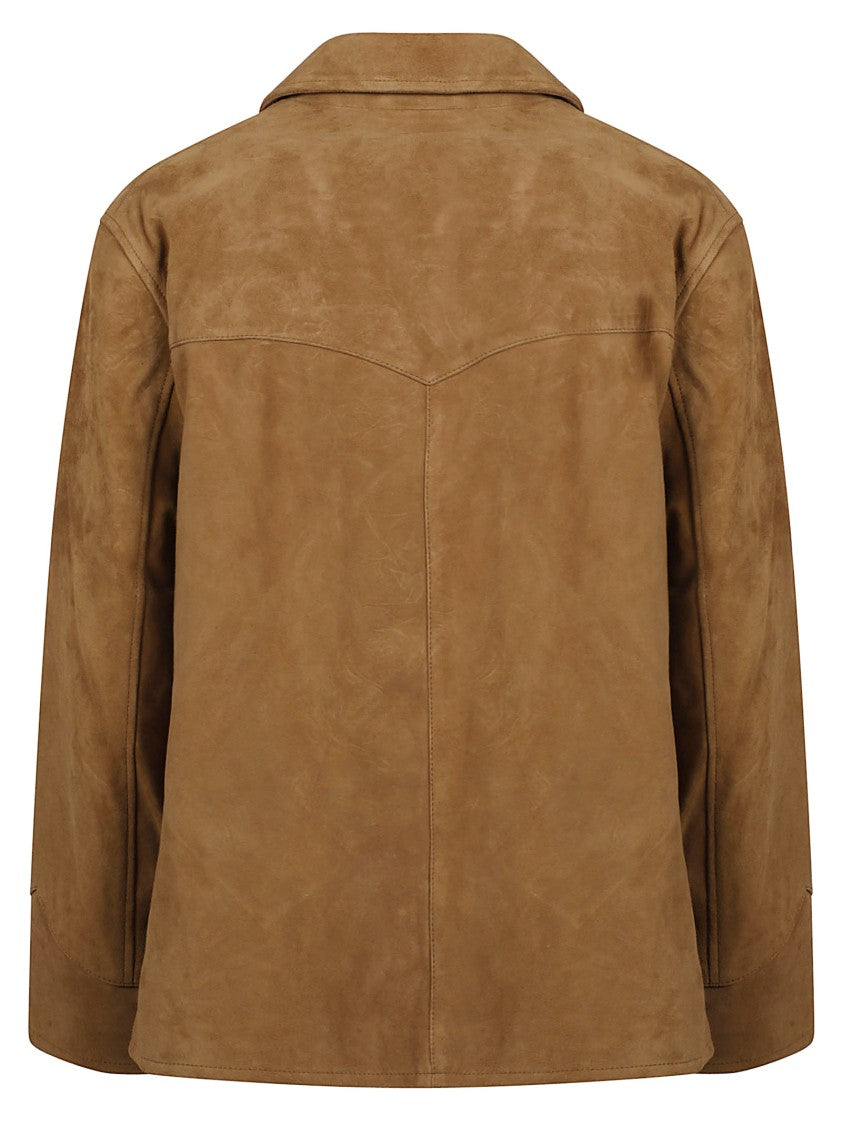 Tory Burch Structured Brown Goat Leather Jacket With Revere Collar