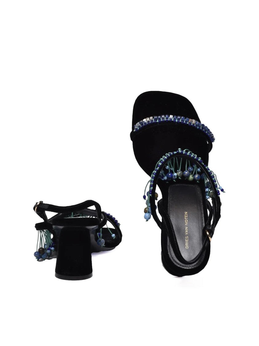 Dries Van Noten Beaded Black Velvet Covered Heel Sandals