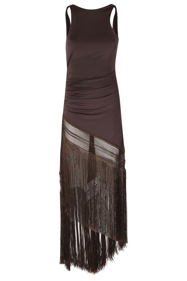 The Andamane Brown Marisol American-Neck Fringe-Bottom Polyester Midi Dress