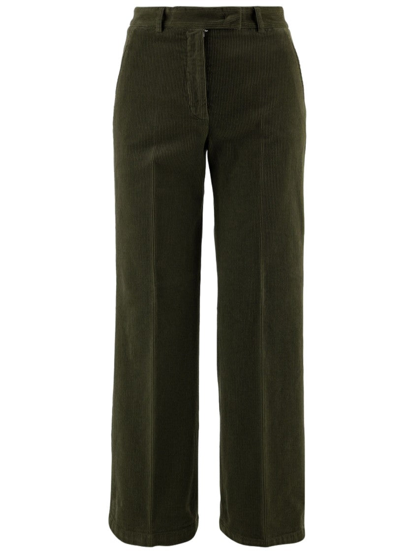 Ql2 Green Ribbed Stretch Cotton Velvet Straight-Leg Pants