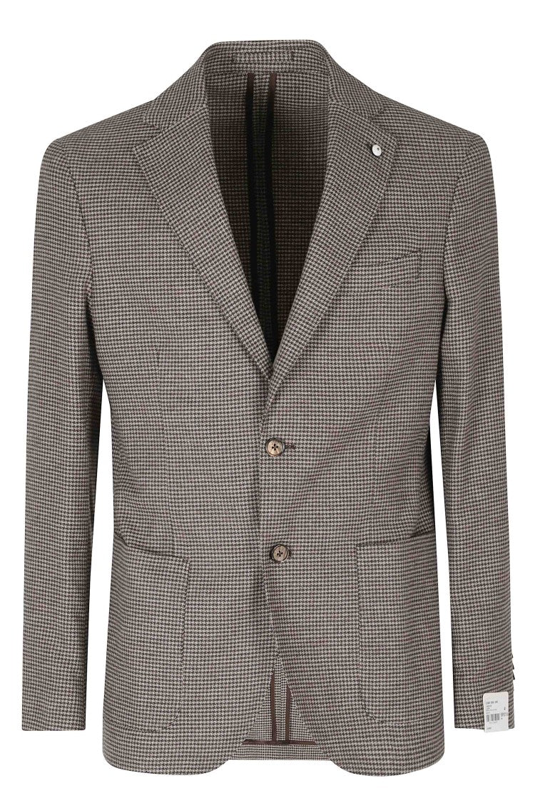 L.B.M. Brown Pied-De-Poule Jacket With Jeweled Lapel Button