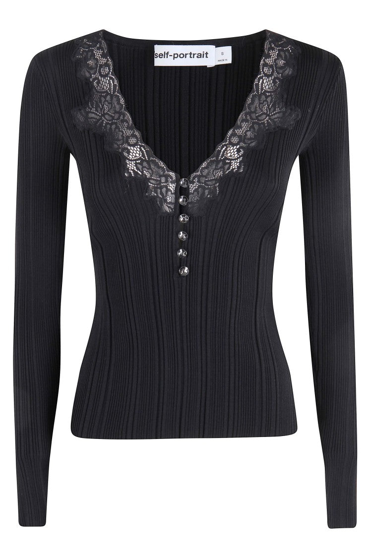 Self-Portrait Black Lace Trim Knit Top