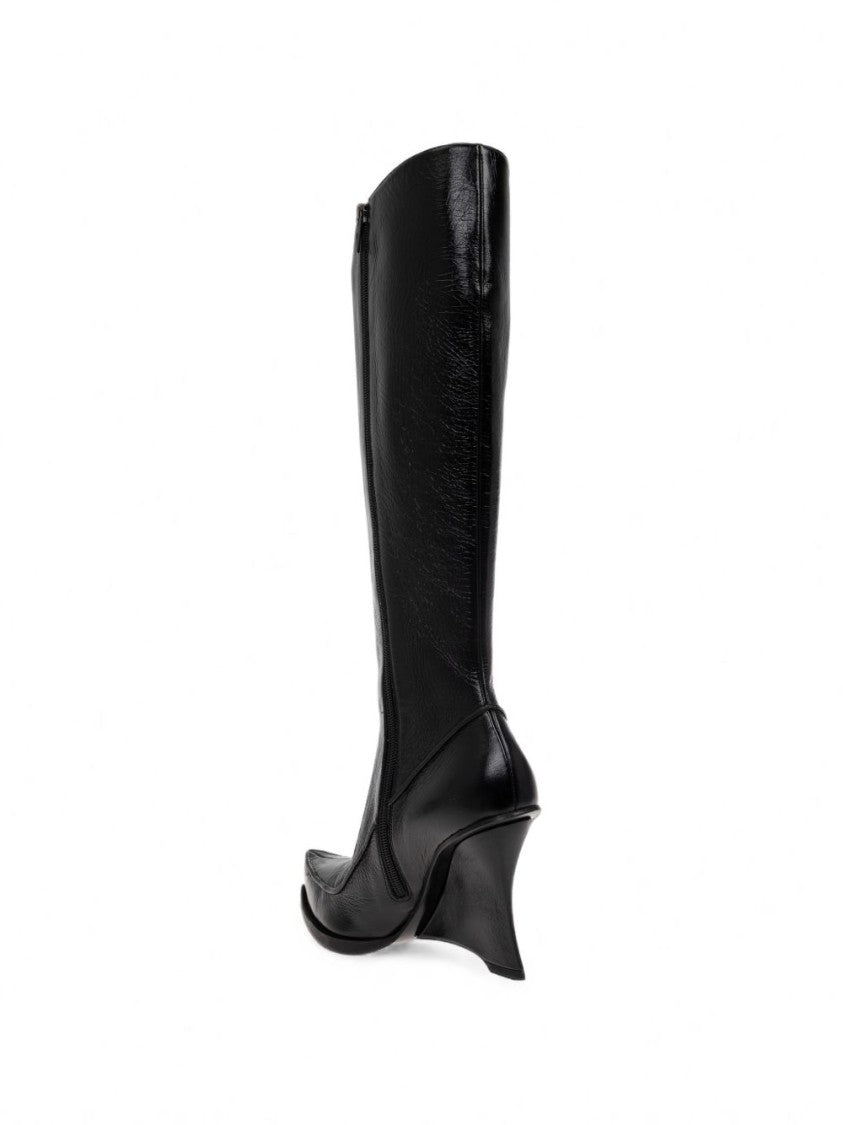Diesel Black Glossy Sculptural Wedge Heel Silk-Nylon Blend Boots