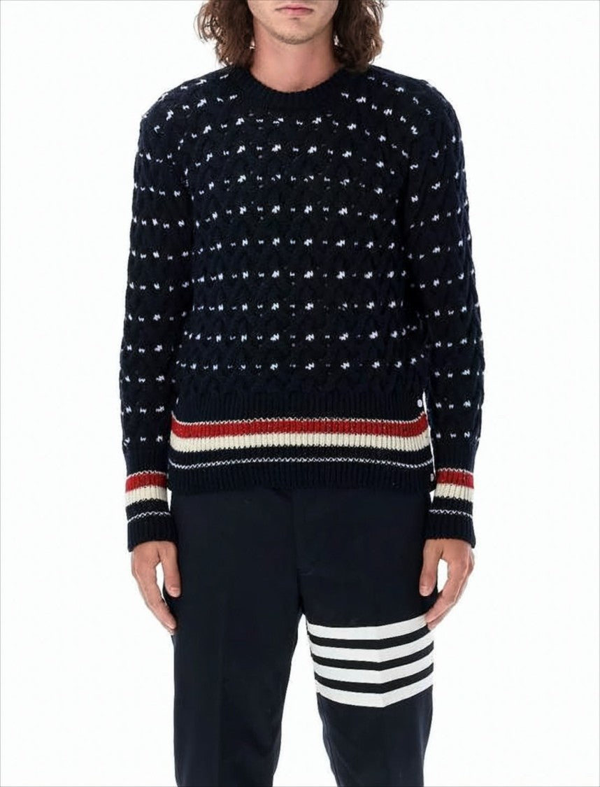 Thom Browne Textured Knit Sweater With Striped Hem And Contrasting Dots