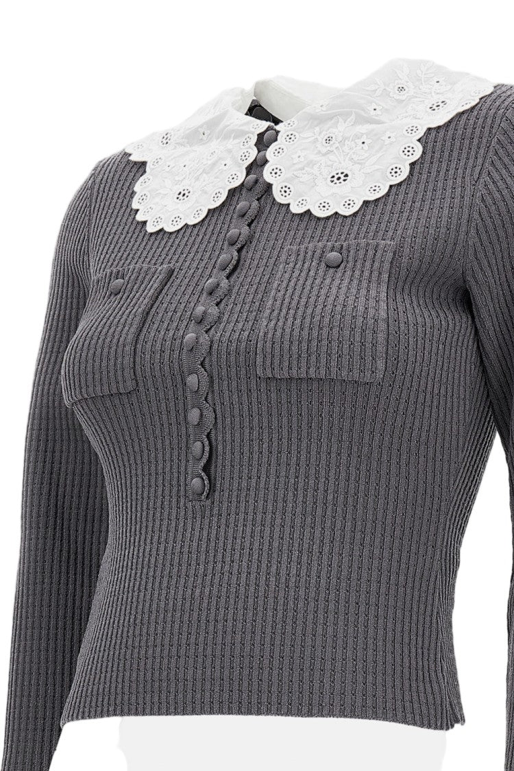Self-Portrait Ribbed Knit Top With Scalloped Lace Collar And Button Detail