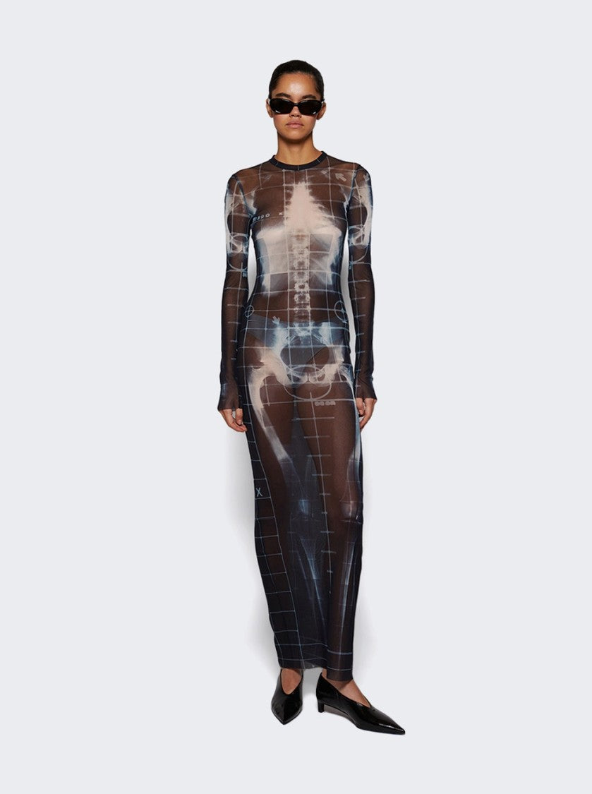 Jean Paul Gaultier Squeletor Printed Mesh Long Dress Black And Navy