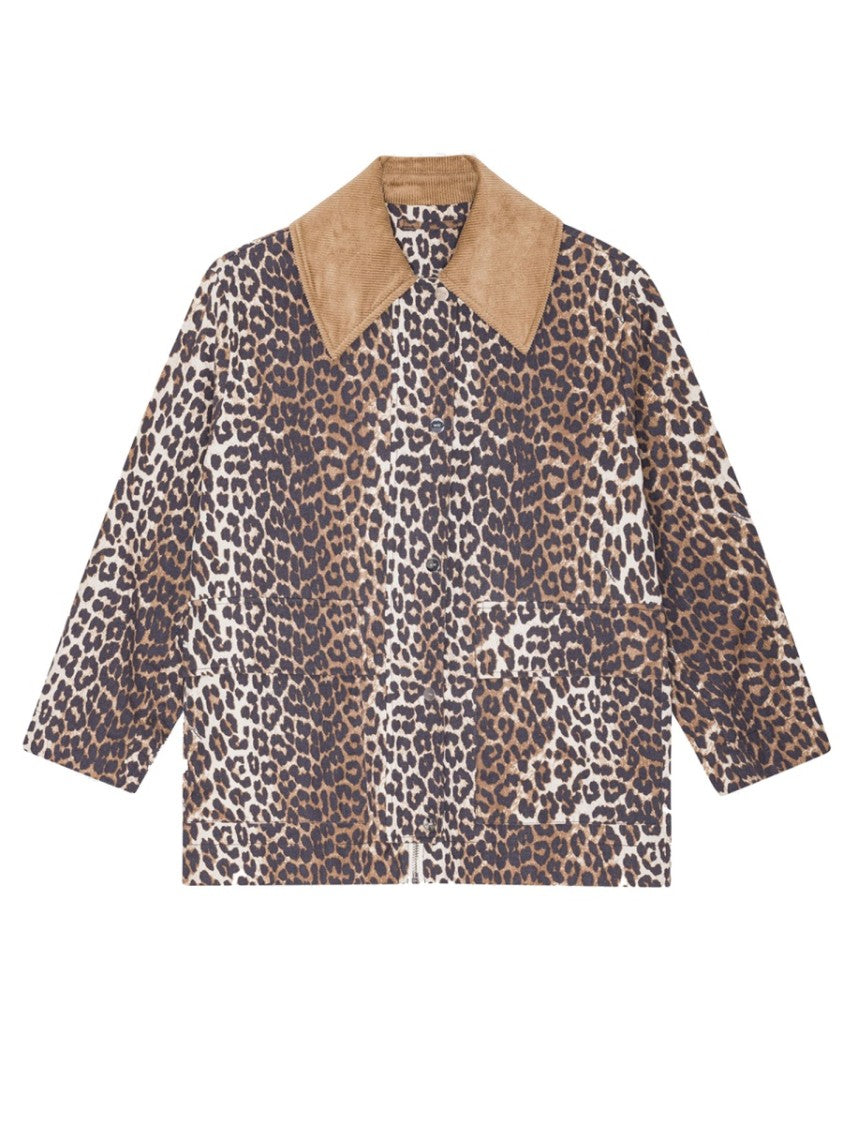 Ganni Leopard Print Hemp-Blend Midi Jacket
