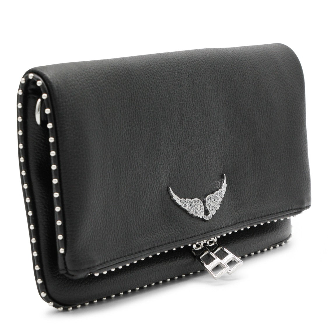 Zadig & Voltaire Textured Black Leather Shoulder Bag With Winged Logo
